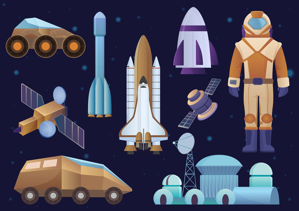 Űrhajók, épület, rakéta, űrhajós űrruhát, a műholdas és a mars rover készlet robot kolónia. Vektor galaxis hely beállítása. - Vektor, kép