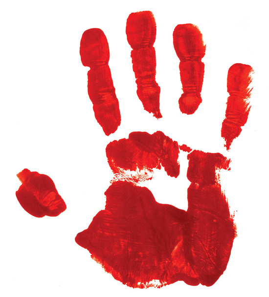 Red hand print on white background suggesting a bloody hand, a possible symbol of guilt. - Fotó, kép