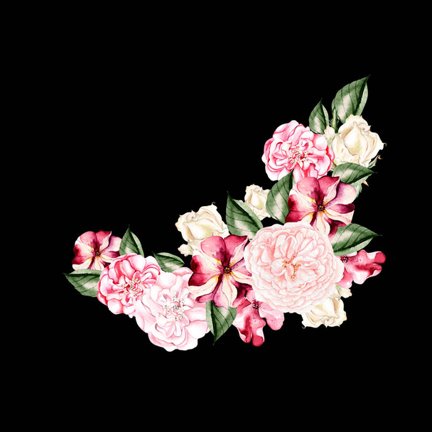Linda, grinalda aquarela brilhante com rosas e flores petúnias. Ilustração
 - Foto, Imagem