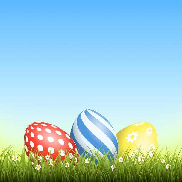 Easter background with eggs in grass and with copyspace - Wektor, obraz