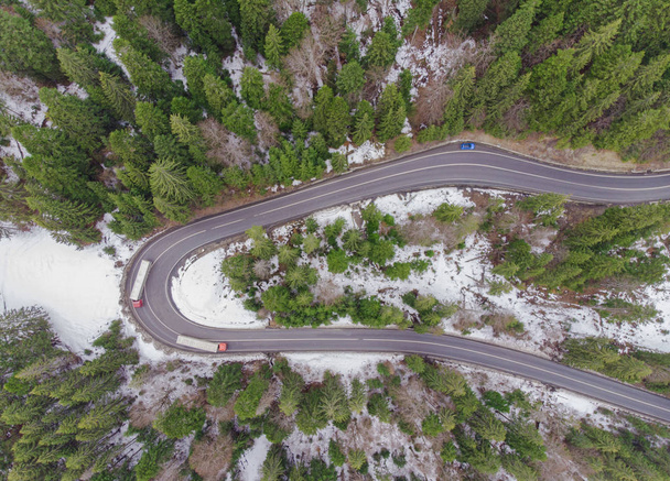 aerial view of road in the forest with cars and truck. - Zdjęcie, obraz