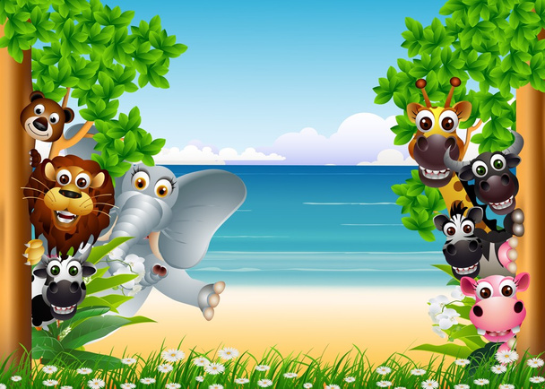 Hauskoja eläimiä sarjakuva trooppinen ranta tausta
 - Vektori, kuva