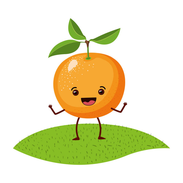 fehér háttér, reális karikatúra narancssárga gyümölcs fű alatt - Vektor, kép