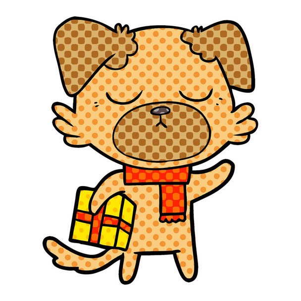 Netter Cartoon-Hund mit Weihnachtsgeschenk - Vektor, Bild