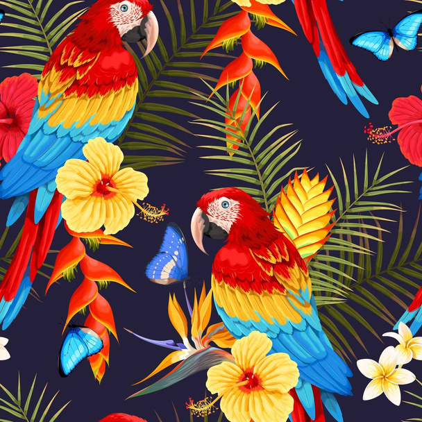 Seamless macaw and flowers - Vecteur, image