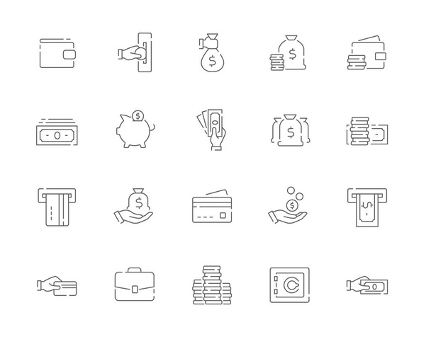 einfache Reihe von Geld-Vektor-Linien-Websymbolen. enthält Symbole wie Bargeld, Geldbörse, Geldautomat, Hand mit Münze und mehr und mehr. editierbarer Schlaganfall. 48x48 Pixel perfekt. - Vektor, Bild