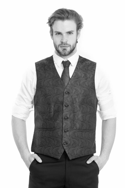 elegant bearded business man in waistcoat isolated on white - Zdjęcie, obraz
