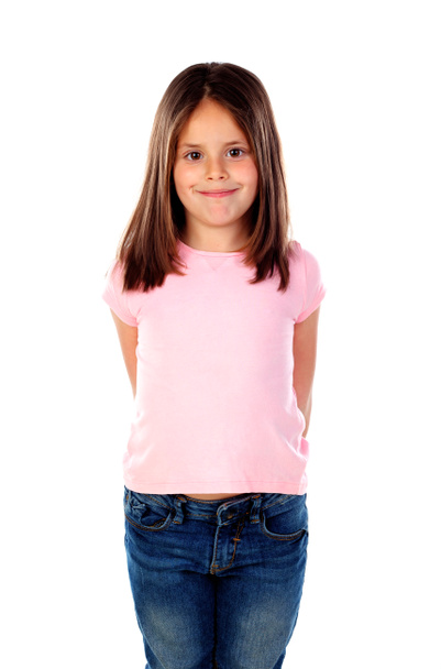 Onnellinen pieni tyttö poseeraa eristetty valkoisella taustalla
 - Valokuva, kuva