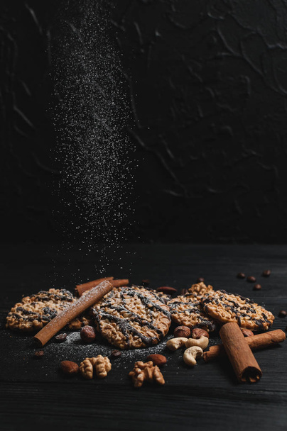 Homemade cookies dessert. Chocolate chip, oatmeal raisin, dough and nuts. Copy text menu food background. - Valokuva, kuva