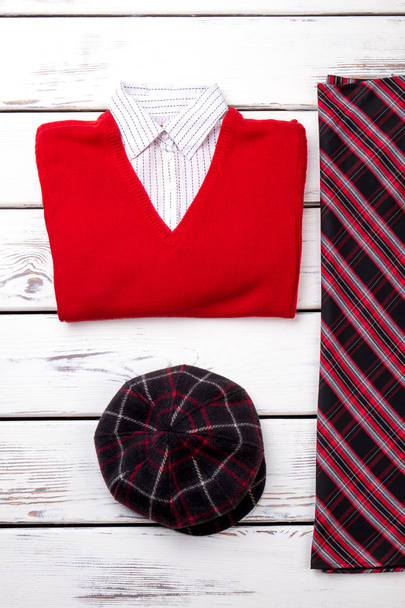 Czarną szachownicę kapelusz i czerwony sweter. - Zdjęcie, obraz