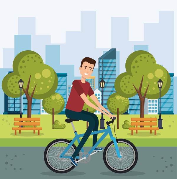 joven con bicicleta en el parque - Vector, Imagen
