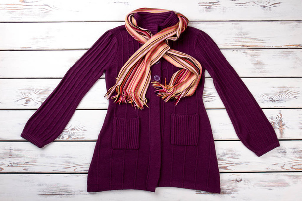 Фіолетове пальто з шарфом
. - Фото, зображення