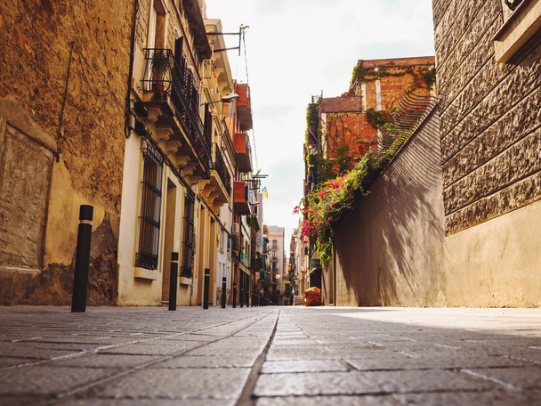 Empty Barcelona street, Catalunya landscape, Spain. city road view. Old town. Traveling concept, bottom view - 写真・画像