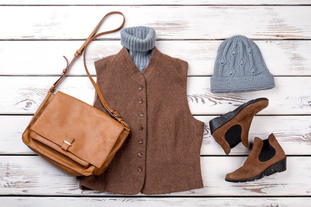 Brown female winter look with handbag. - Foto, afbeelding