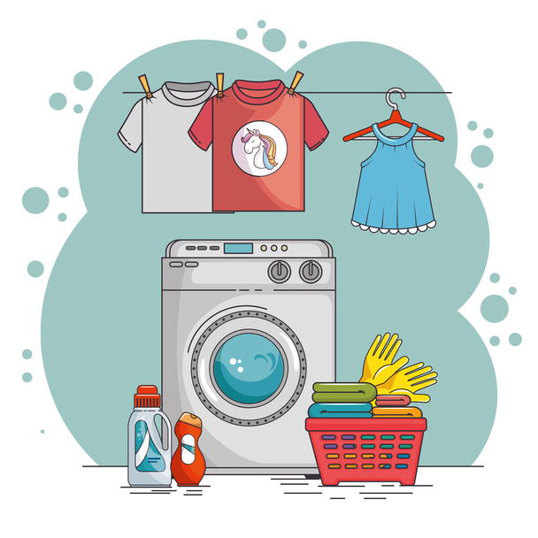 Waschküche mit Waschmaschine und Kleidung  - Vektor, Bild