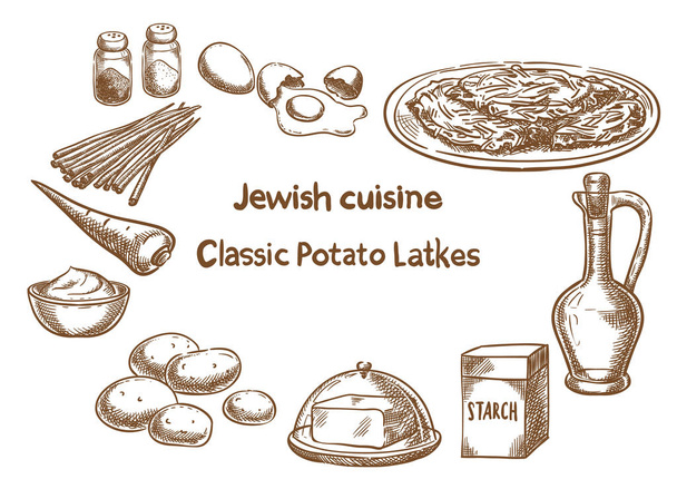 Cucina ebraica. Classici ingredienti dei latkes di patate. Schizzo vettoriale
 - Vettoriali, immagini