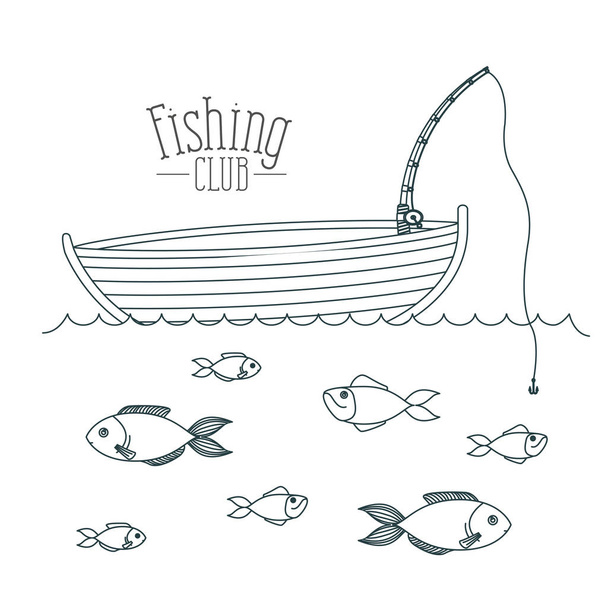 Монохромный эскиз силуэт лодка рыболовного клуба и рыбы в воде
 - Вектор,изображение