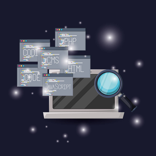 blauwe donkere achtergrond met een helderheid van laptop en de Vensters van het programma van de programmering van de taalcodes met Vergrootglas instellen - Vector, afbeelding