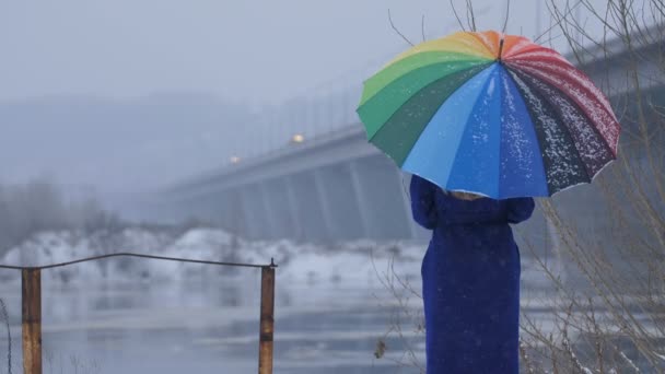 Kobieta z rainbow parasol podczas opadów śniegu - Materiał filmowy, wideo