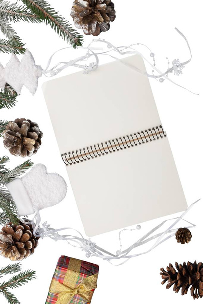 Cute Christmas decoration with open notebook isolated on white background  - Φωτογραφία, εικόνα
