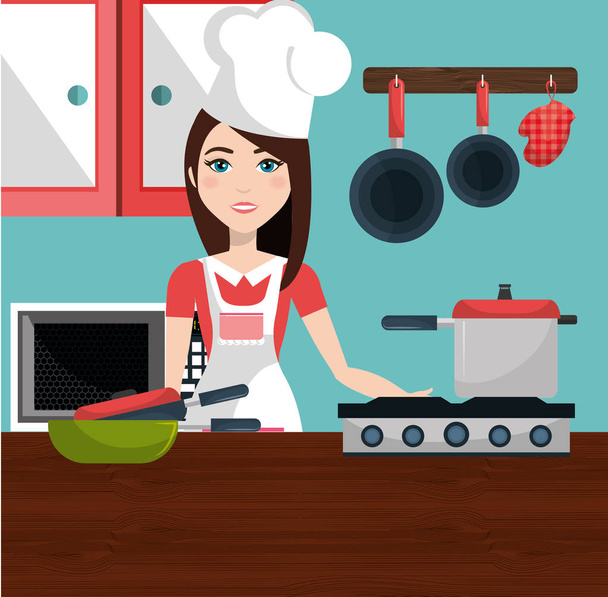 söpö nainen ruoanlaitto keittiössä
 - Vektori, kuva