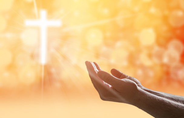 Hands of human praying on light background  - Photo, Image