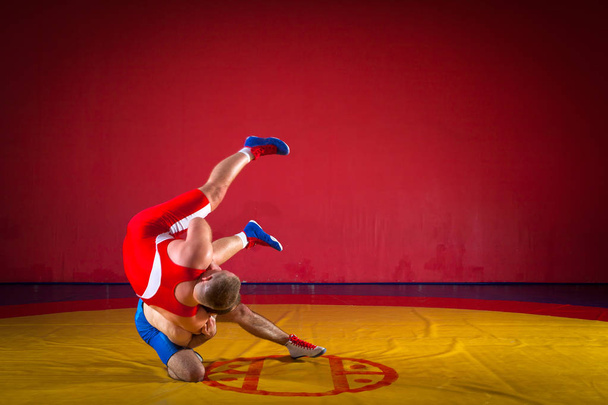 Dva greco-římští zápasníci v červené a modré uniformě wrestling na žlutém wrestlingovém koberci v tělocvičně - Fotografie, Obrázek