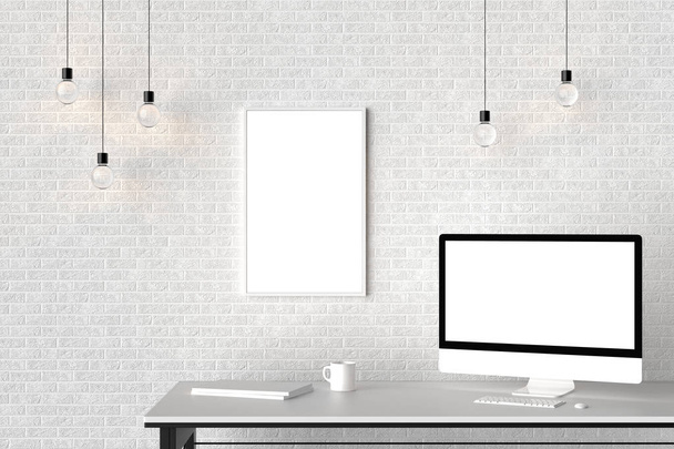Espacio de trabajo moderno con marco vacío aislado en la pared de ladrillo e iso
 - Foto, imagen
