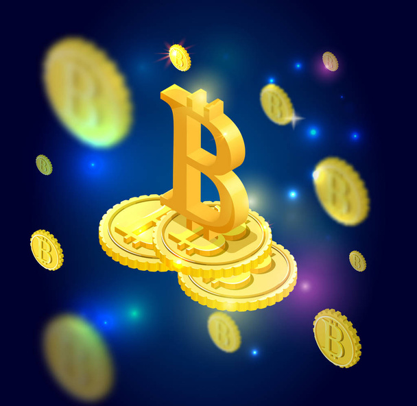 Bitcoin isometrische geïsoleerde pictogram op de computermonitor, cryptocurrency gouden munt, digitale geld object, 3D-vectorillustratie van moderne financieel symbool, rijkdom concept - Vector, afbeelding