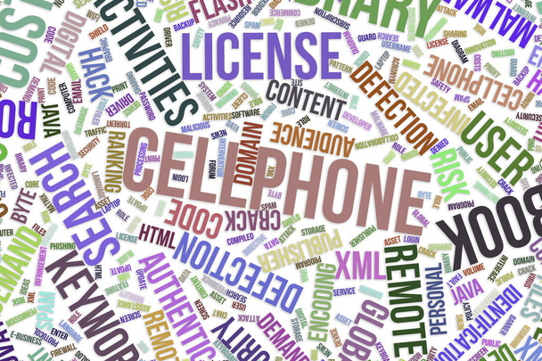Telefon komórkowy, koncepcyjny słowo cloud dla firm, dane techn - Zdjęcie, obraz