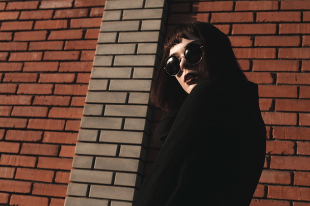 portrait of young woman posing near brick wall  - Fotografie, Obrázek