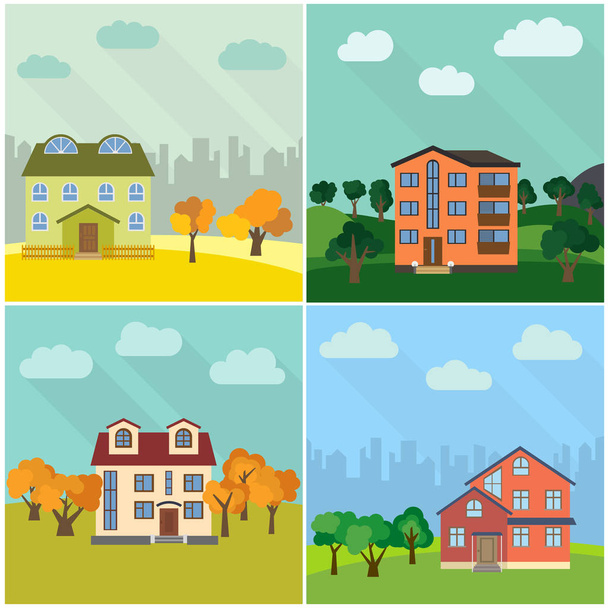 Set of four lonely houses in the nature - Vector, Image