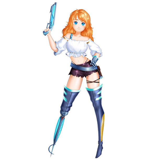 Ruimte piraat meisje met Anime en Cartoon stijl. Ze is een Super Star! Video Game van digitale Cg kunst, Concept illustratie, realistische Cartoon stijl Characterdesign - Foto, afbeelding