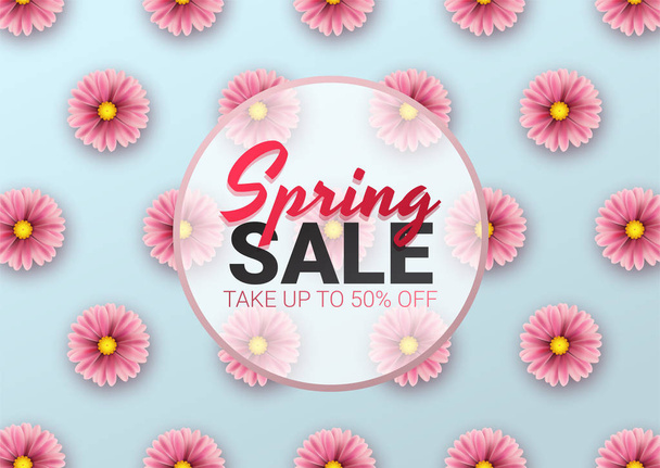 Spring sale floral advertizing poster, board. Banner with realistic flowers. Vector illustration - Vektör, Görsel