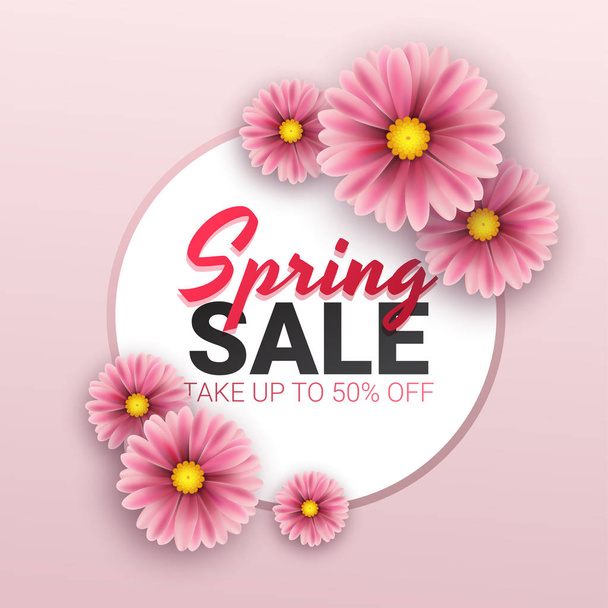 Spring sale floral advertizing poster, board. Banner with realistic flowers. Vector illustration - Vetor, Imagem