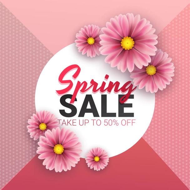 Spring sale floral advertizing poster, board. Banner with realistic flowers. Vector illustration - Wektor, obraz