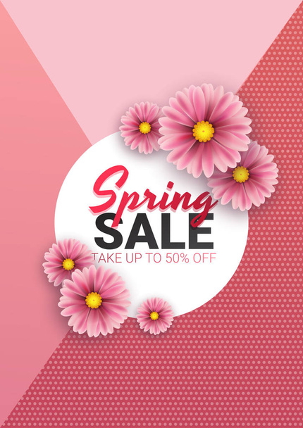 Spring sale floral advertizing poster, board. Banner with realistic flowers. Vector illustration - Вектор,изображение