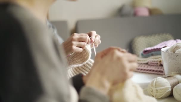 Duas mulheres de tricô agulhas roupas de lã. Passatempo feminino
 - Filmagem, Vídeo