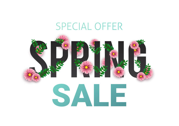 Spring sale floral advertizing poster, board. Banner with realistic flowers. Vector illustration - Vector, Imagen