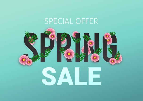 Spring sale floral advertizing poster, board. Banner with realistic flowers. Vector illustration - Vektör, Görsel