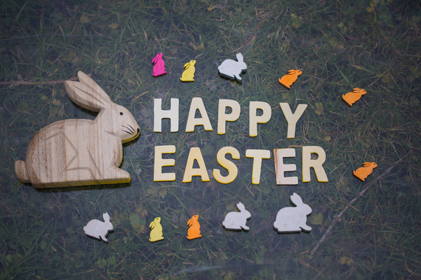 easter bunny on green background, text, happy easter - Foto, Imagen