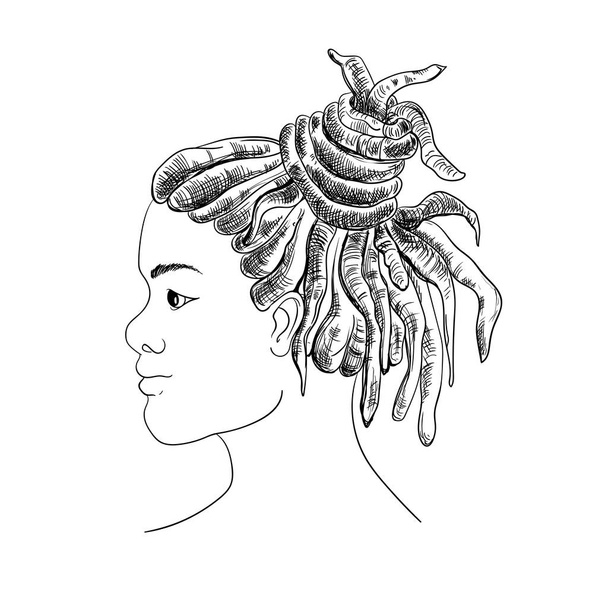 Portrait of man with dreadlocks in profile. Isolated on white background. Black and white vector illustration in sketch style - Vector, Image