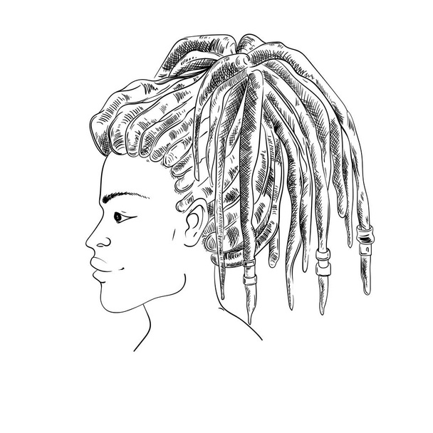 Portrait of woman with dreadlocks in profile. Isolated on white background. Black and white vector illustration in sketch style - Vector, Image