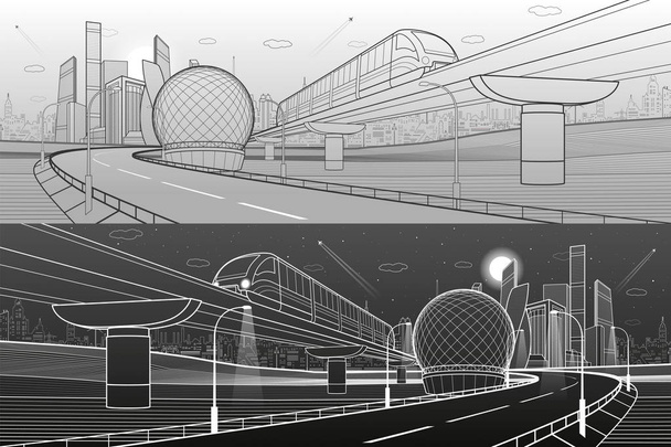 Monorail railway and illuminated highway. Transportation urban illustration set. Skyline modern city at background. Business buildings. Night town. Black and white lines. Vector design art - Vector, Image