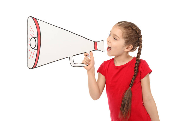 Little girl shouting into paper megaphone on white background - Φωτογραφία, εικόνα