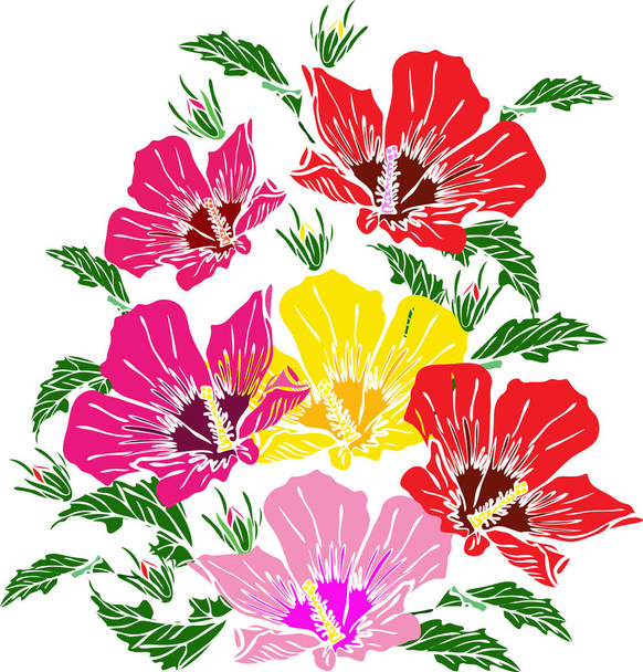 Blühende rosa, rote und gelbe Malve, grüne Blätter - Vektor, Bild