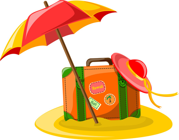 Travel background, umbrella, hat and suitcase - Vecteur, image