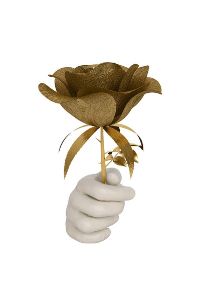 Hand and gold rose on white background. 3D illustration. - Photo, Image