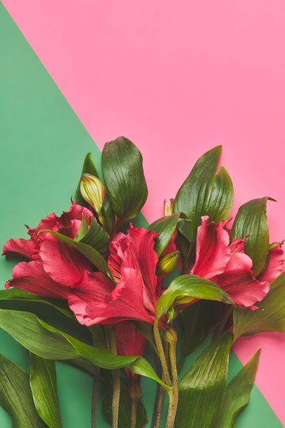 felülnézet Alstroemeria virágok csokor rózsaszín és zöld felület, anyák napi koncepció - Fotó, kép