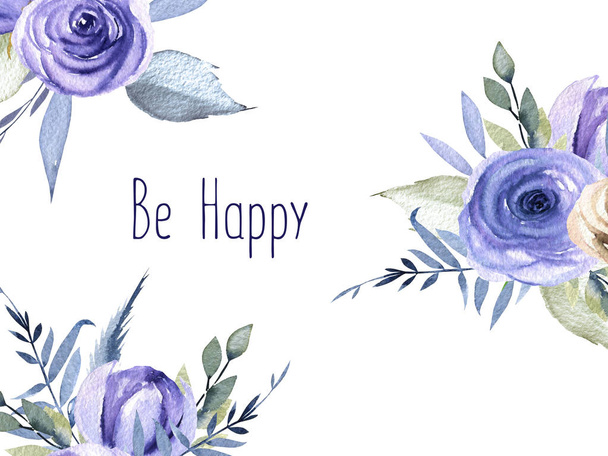 Шаблон с голубыми розами и растениями, дизайн поздравительной открытки, ручная роспись на белом фоне
 - Фото, изображение